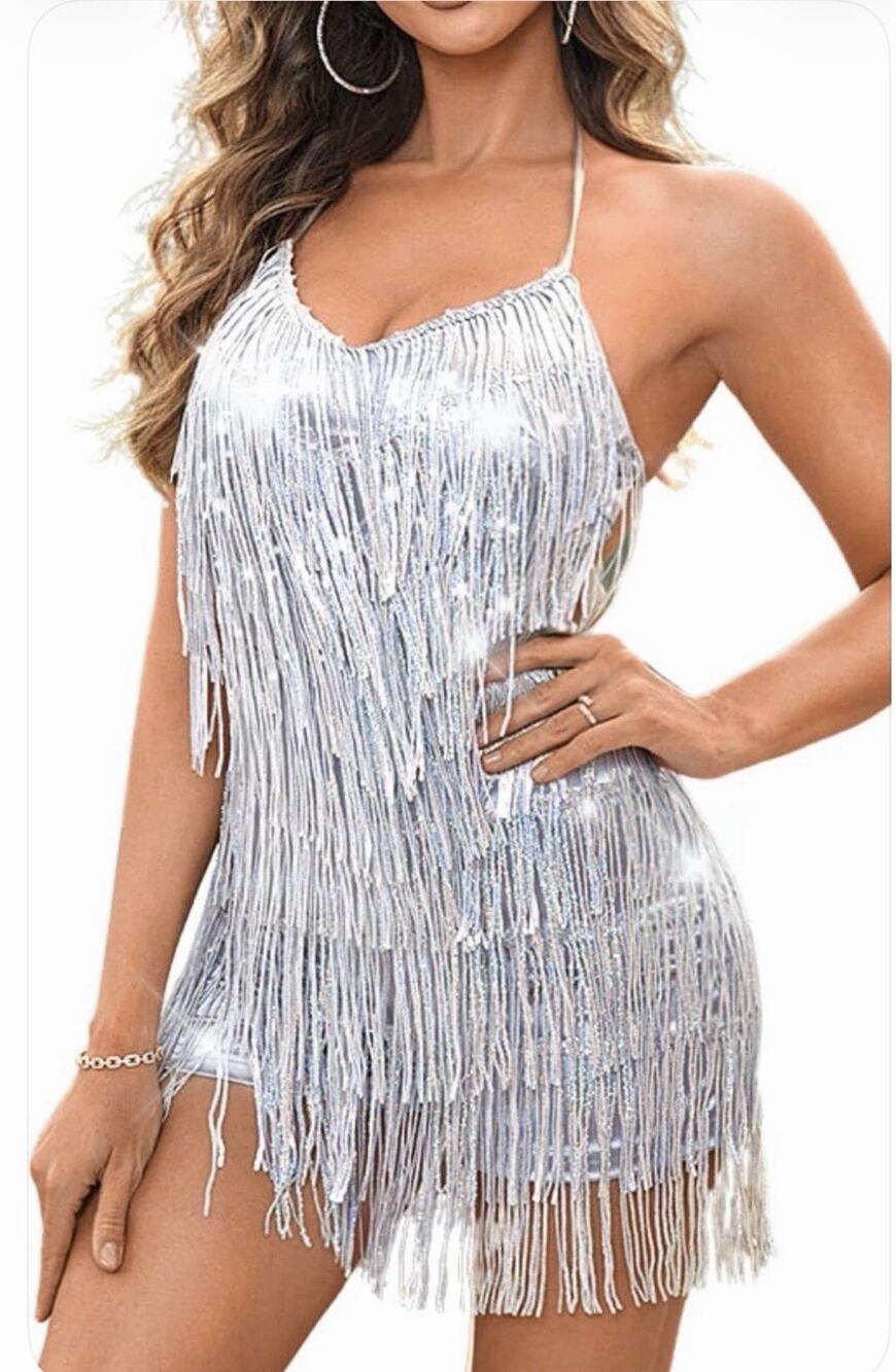 Kaei&Shi Sequin Fringe Romper Metallic Silver Women L New